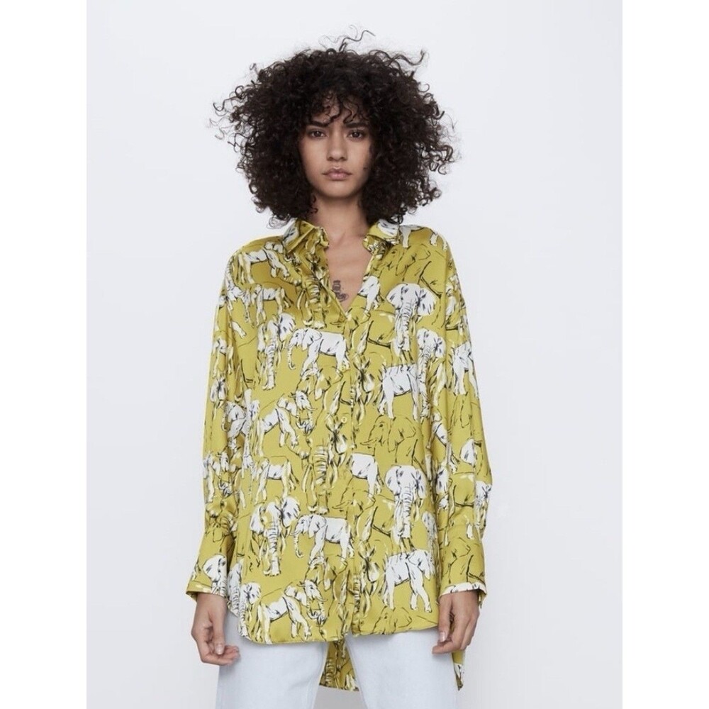 Zara Oversized Elephant Print Button Down Shirt Chartreuse Green Size Med EUC